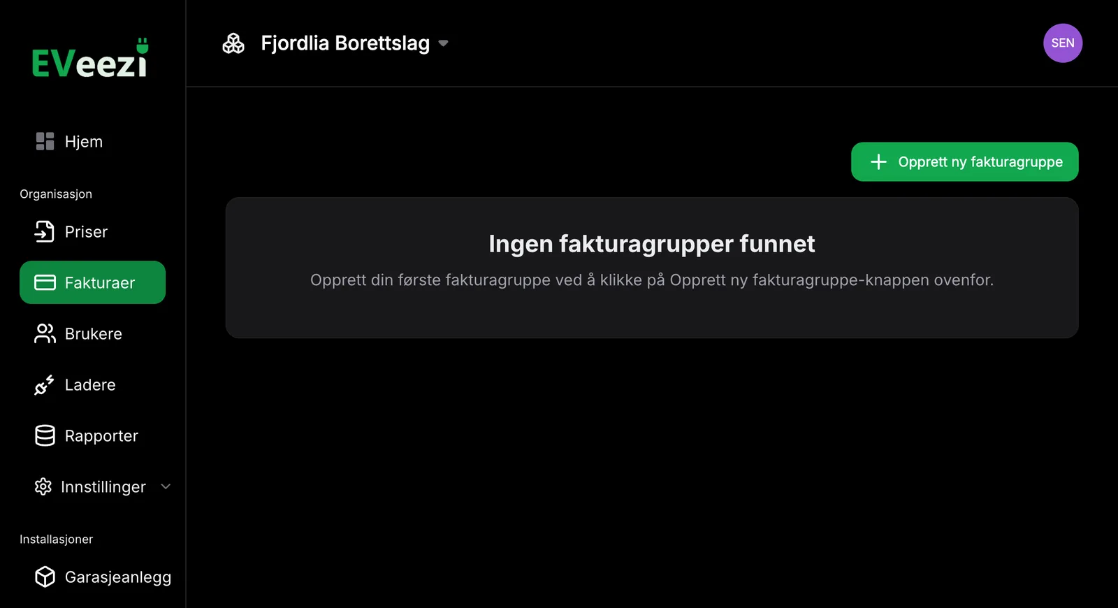 Fakturasiden i EVeezi uten fakturagrupper, med knappen «Opprett ny fakturagruppe» øverst til høyre